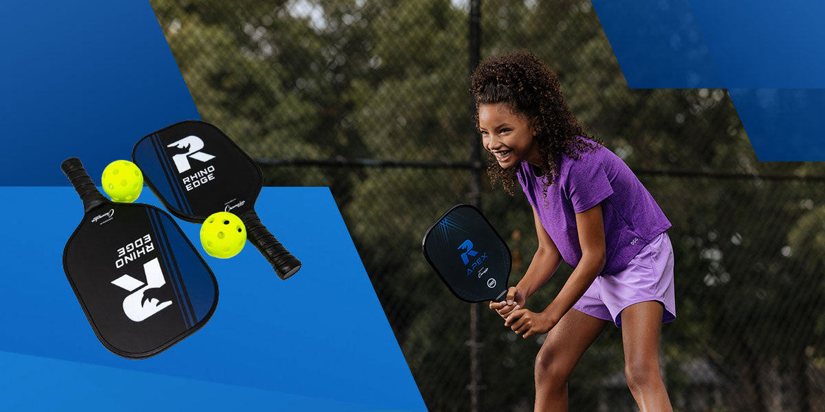 Girl Playing Pickleball graphic with Rhino Paddles showing in the graphic 